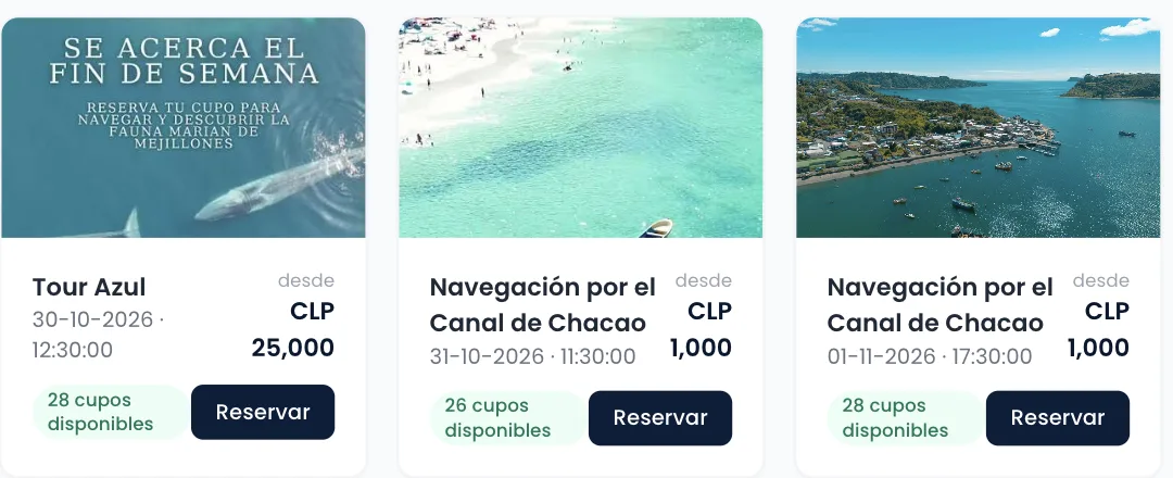 Portal de reservas de Navyora con las próximas salidas, precio y cupos disponibles