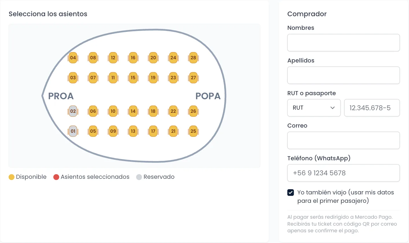 Portal de reservas de Navyora: el cliente elige su asiento en el plano de la embarcación
