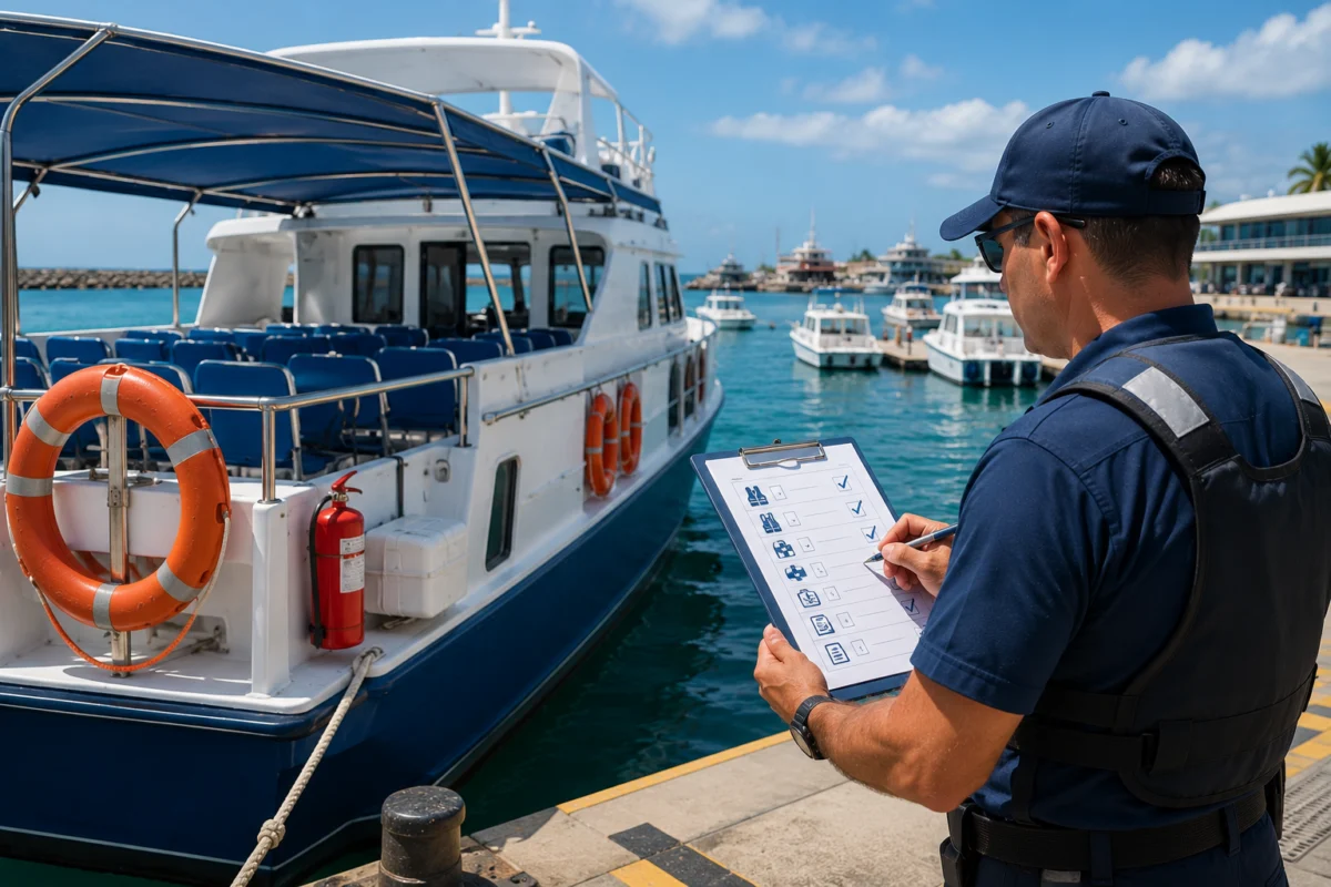 Tripulante revisando la lista de embarque en el muelle